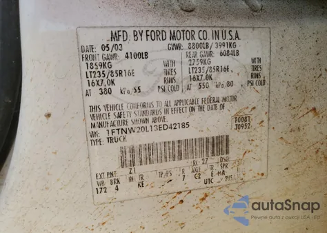 2003 Ford F250 Super Duty из США, поврежденный, VIN 1FTNW20L13ED42185